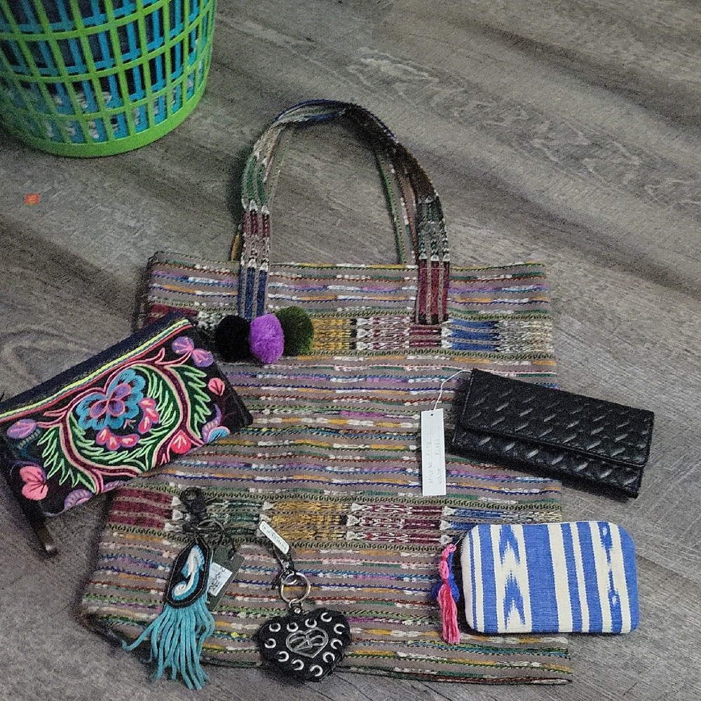 Colorful Striped Tote Bag with wallets/keychain Bundle